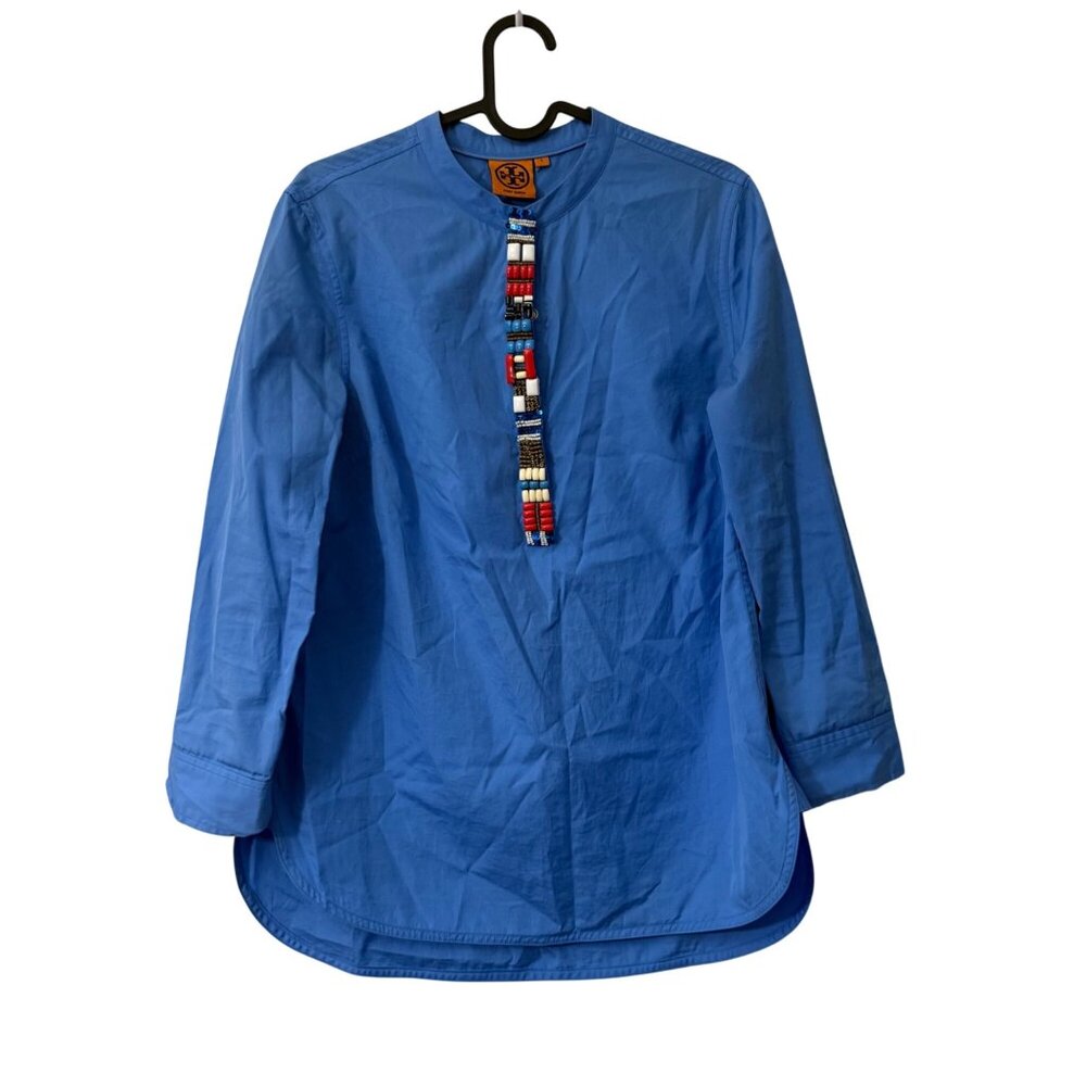 Tory Burch Blue Beaded Rhinestone Detail Snap Tunic Popover Shirt Womens Size 4
